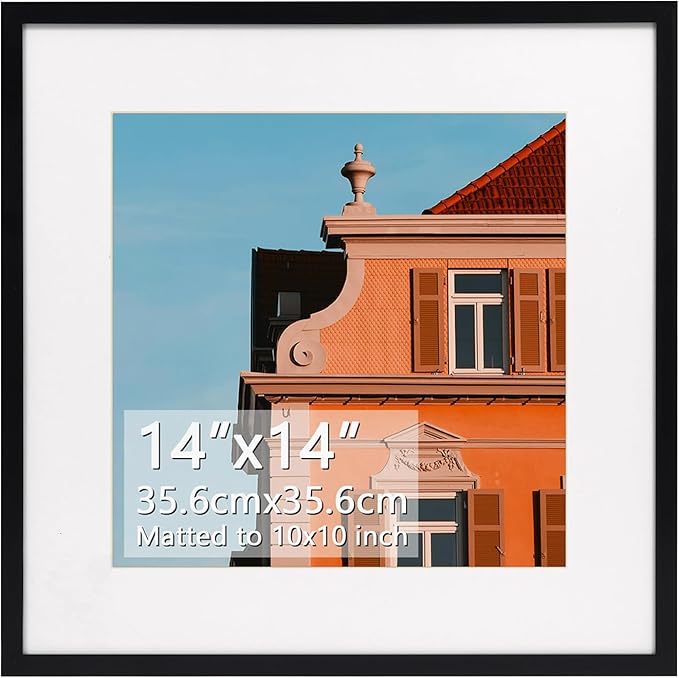 Rempry 14x14 Picture Frame, Display Pictures 10x10 with Mat or 14x14 Without Mat, Wall Hanging or Tabletop Photo Frame with Shatter Resistant Plexiglass, Black, 1 Pack