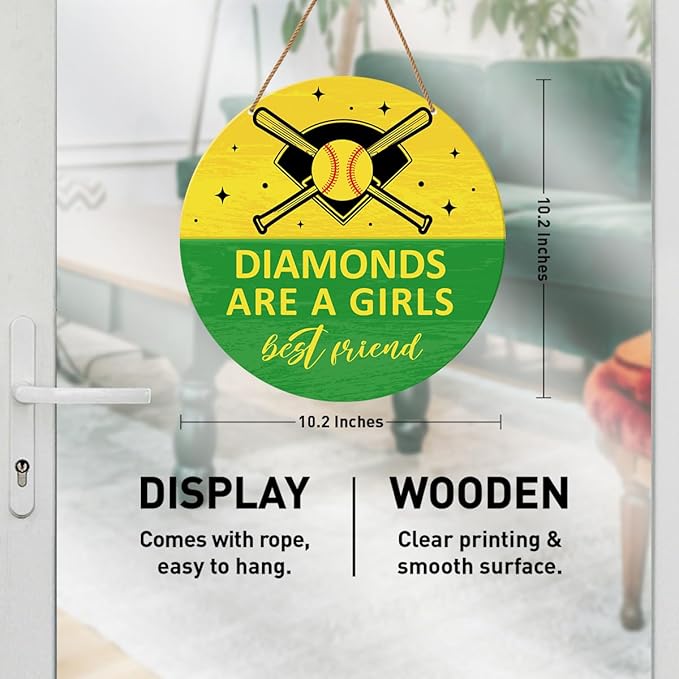 HSNBT Softball Decor for Girls Bedroom, Softball Sign Decor for Home Front Door Bedroom Porch Sport Wall Hanging Signs Decorations Gift for Softball Player Girl, Diamonds Are a Girls Best Friend