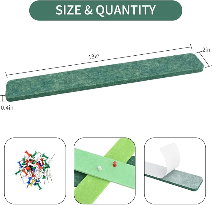 Vuzvuv 8Pcs Green Cork Board Bar Strips with 50 Pushpins & Sticky Notes, Self-Adhesive Bulletin Board Strips No Damage for Wall, Felt Pin Board for Paste Notes, Photos, Schedules Office Decor