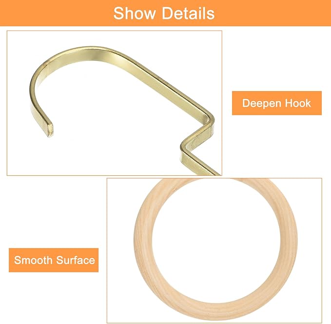 uxcell 4.7 Inch Scarf Ring Hanger, Scarf Organizer Holder Wooden Circles Rings Hanging Hook for Belt Tie Scarf, 15cm Length Hook (Gold)