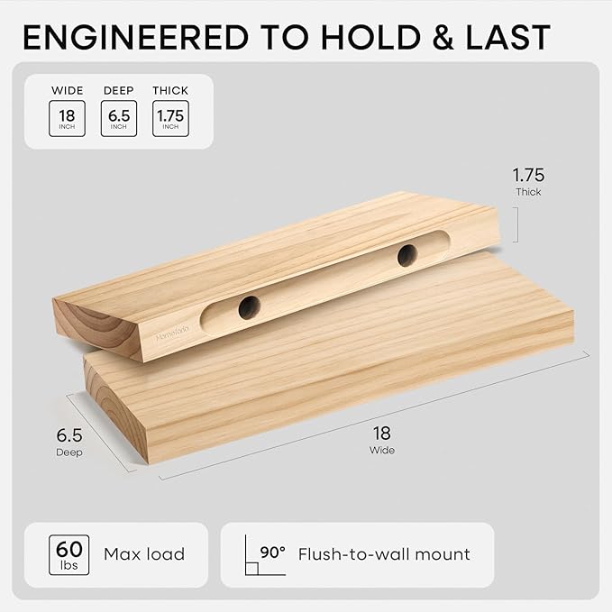 Homeforia 18 inch Natural Floating Shelf, High End Solid Real Wood 18inch Small Floating Shelves for Wall Mounted, Natural Wooden Floating Shelves, Heavy Duty Bracket, 18 X 6.5 X 1.75 in, Set of 4