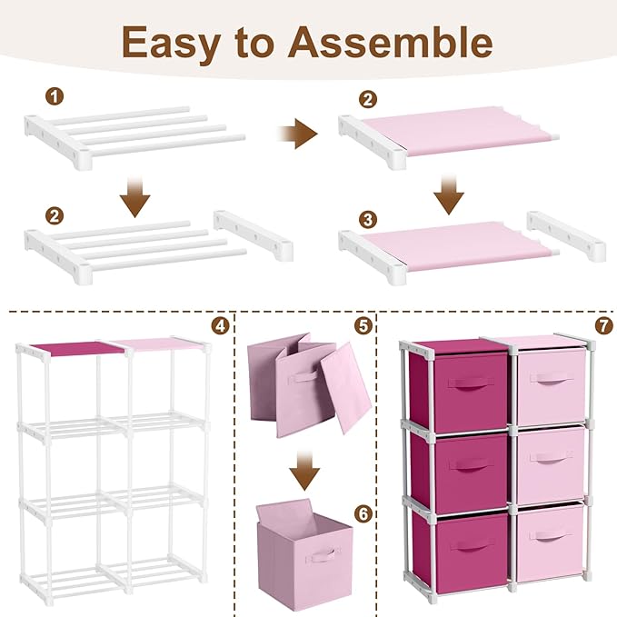 6 Cube Storage Organizer with Shelf Back to School Boxes 11 Inch Toy Storage Bins Closet Organizers Drawers Fabric Dresser for Playroom Books Bedroom Dorm Kitchen (Pink,Rose)