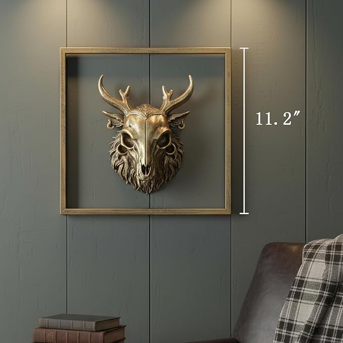 JJALIGHTS Exquisite Resin Animal Head Wall Sculpture (Gift Metal Frame) - Imitation Copper Vintage Decor for Living Room, Bedroom & Office | Decorative Wall Hanging Art (Wendigo)