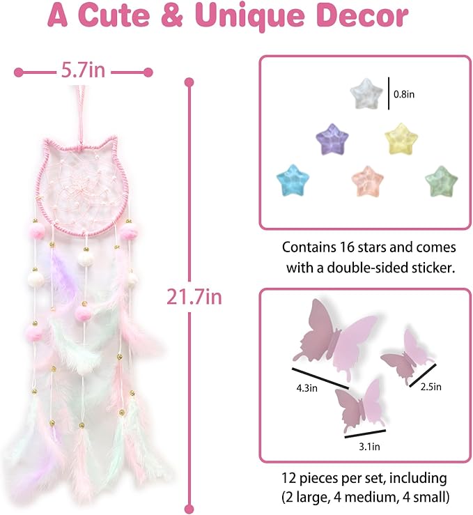 Fun-Plus Pink Dream Catcher Wall Hanging Set - 10 Butterflies & 16 Stars, Boho Room Decor for Girls, Easy Peel & Stick Wall Art for Bedroom, Nursery, Teen Room for Daughter, Birthday, Christmas
