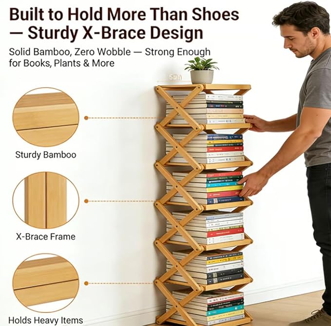 The 9-Tier No-Assembly Bamboo Rack, Foldable Stackable 9 Tier Bamboo Shoe Rack Vertical Storage Sturdy & Stable, Tall Narrow Space-Saving Expandable Shoe Rack for Entryway Closet Dorm (Nature,3 Tiers)