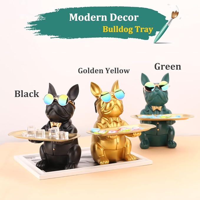 QIANLING Modern Decor Resin Gold Bulldog Tray Statue Tray Storage Key Holder Candy Jewelry Earrings Tray Suitable for Home Decor Modern Art Dining Table Decor Office Small Object Tray (Golden Yellow)