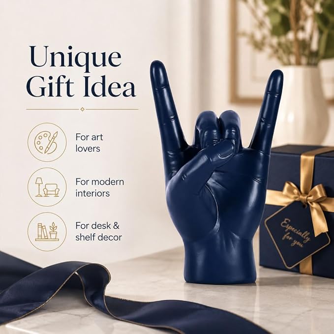 QIANLING 7.7" Blue Resin Rock On Hand Gesture Statue - Rock Culture Music Lovers' Decorative Tabletop Sculpture for Bookshelf, Desk & Mantel Decor in Home or Office, Modern Symbolic Figurine