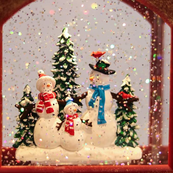 Musical Christmas Snow Globe Lantern Battery Operated with 6 Hour Timer Spinning Water Red Train Singing Lighted Snow Globe Lamp Holiday Decoration Gift(Snowman, 10.6 x 4.3 x 8.3 Inches)