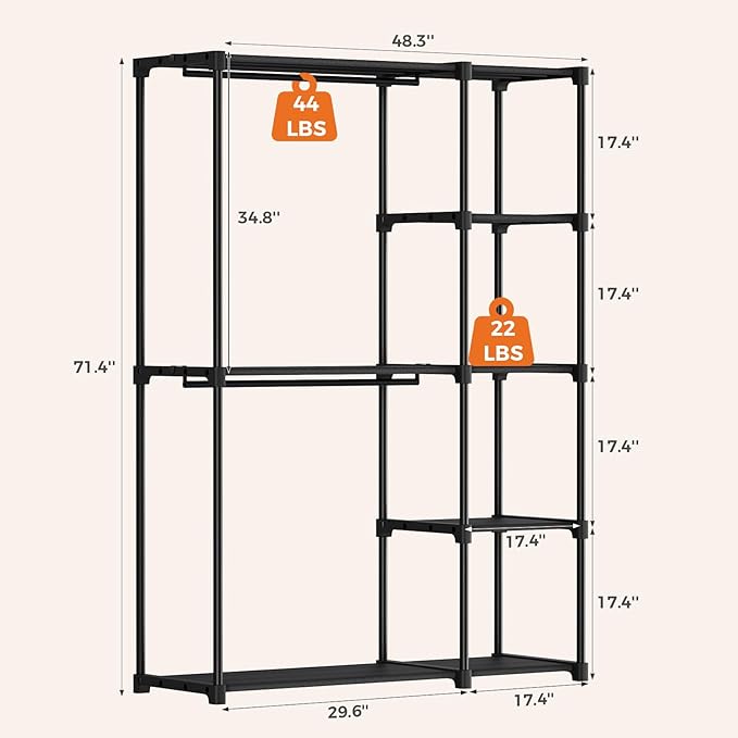 OLIXIS Portable Wardrobe Closet with Hanging Rods, 49 Inch Portable Clothing Rack with Shelves, Heavy Duty Clothes Rack, Freestanding Closet Organizer, 49" L x 15.7" W x 71.65" H