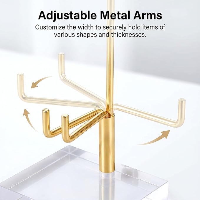 12 Pcs Crystal Display Stand, 2 x 2 x 3.5 Inch Gold Rock Crystal Stand with Acrylic Base Adjustable Metal Arm Display Stands for Mineral, Agate, Geode, Picture