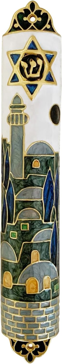 Hand Painted Mezuzah, Exquisite Enamel Mezuzah with Star of David and Jerusalem Motifs