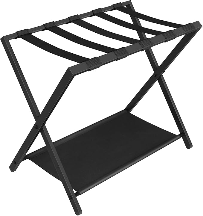 Luggage Rack, Folding Suitcase Stand for Guest, Foldable, Luggage Holders with Shelf, Steel Frame with Nylon Straps for Bedroom, Hotel, Holds up to 154 lb, Black, 1 Pack LR03801B