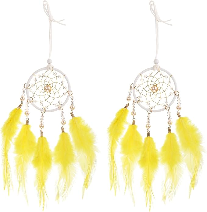 uxcell 2pcs Dream Catchers, Small Handmade Feather Dreamcatcher Supplies Car Charm with Crystal Beads Wall Hanging Decor for Home Car Decoration Ornament Women Friend Gift, Yellow