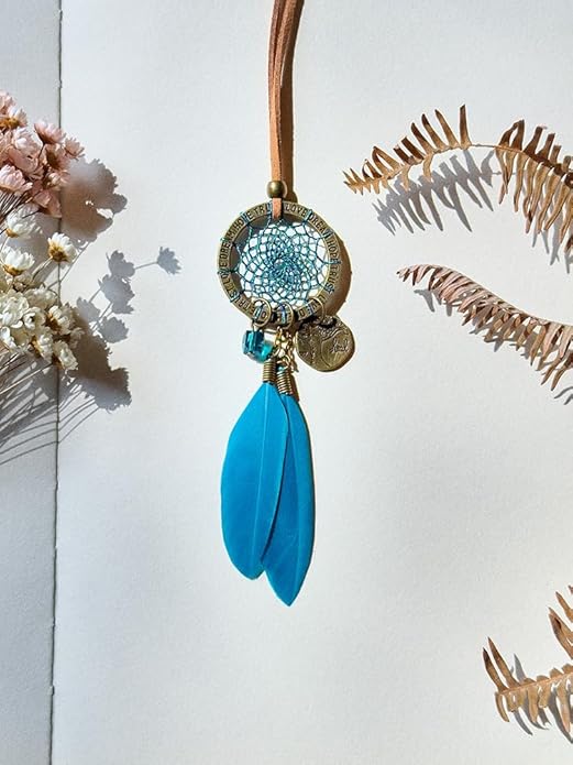 Miamor Unisex Boho Dream Catcher, Handmade Turquoise Blue Feather Pendant with Adjustable Leather Cord