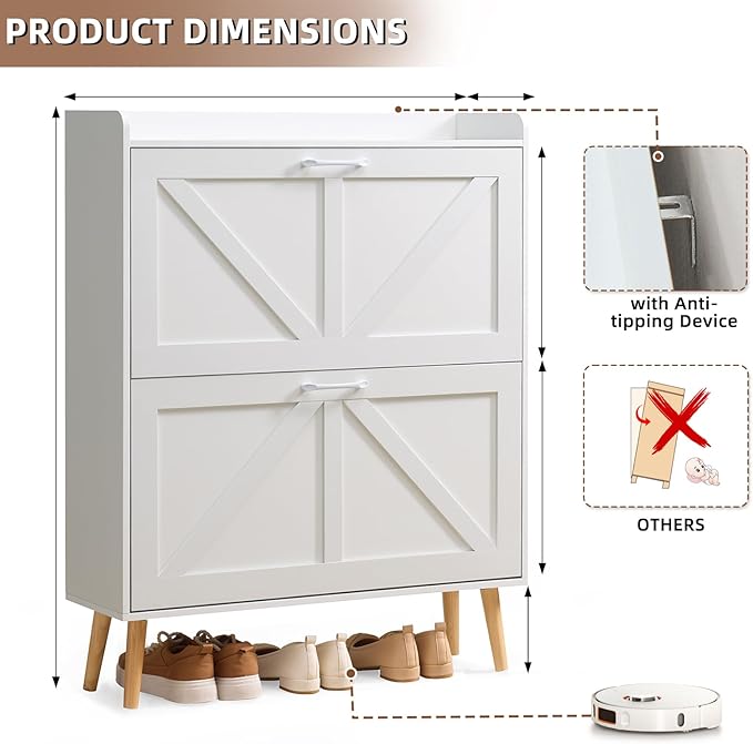 LEYAOYAO Shoe Storage Cabinet with 2 Flip Drawers，Narrow Shoe Storage Cabinet Organizer with Legs for Entryway Hallway, Living Room, Bedroom，Hidden Slim Storage Narrow Shoe Rack Cabinet,White