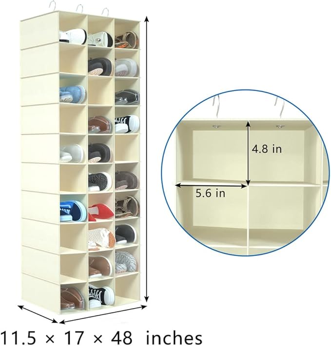 coastal rose Hanging Shoe Organizer for Closet, 30 Sections Hanging Closet Organizers and Storage Shelves Space Saving Shoe Rack Holder, Beige, 17''W×11.5''Dx 48''H
