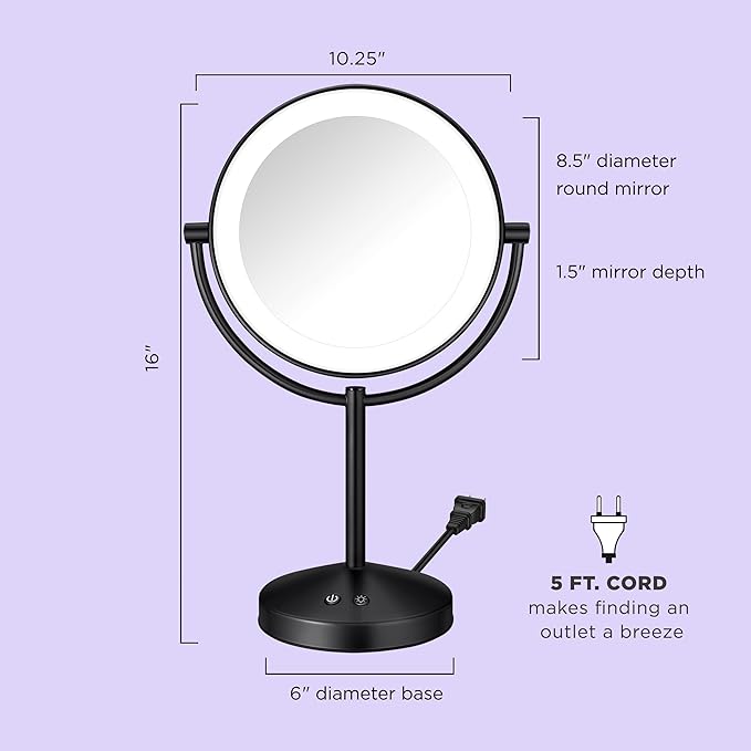 Conair Lighted Makeup Mirror, Double-Sided LED Vanity Mirror with 1X/10X Magnification, 3 Light Settings, 3 Modes, 360° Rotation, Matte Black Finish