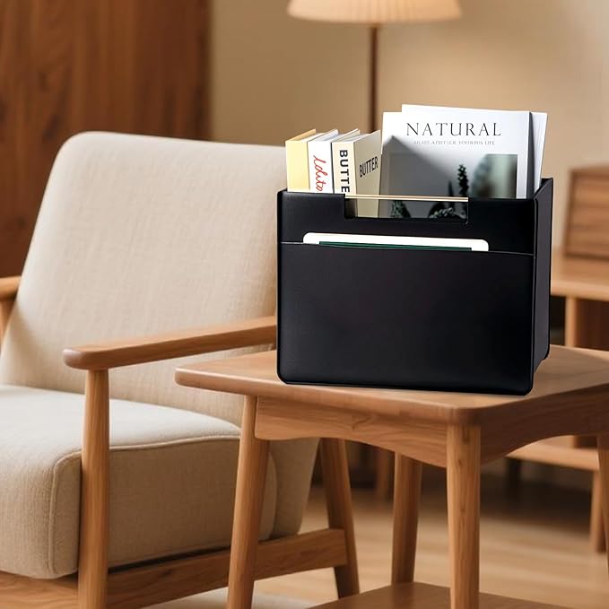 Leather Magazine Holder Foldable with Handles，Stable Magazine Rack Floor，Magazine Basket File Holder Storage，Document File Folder Organizer Free Standing for Office Living Room (black)