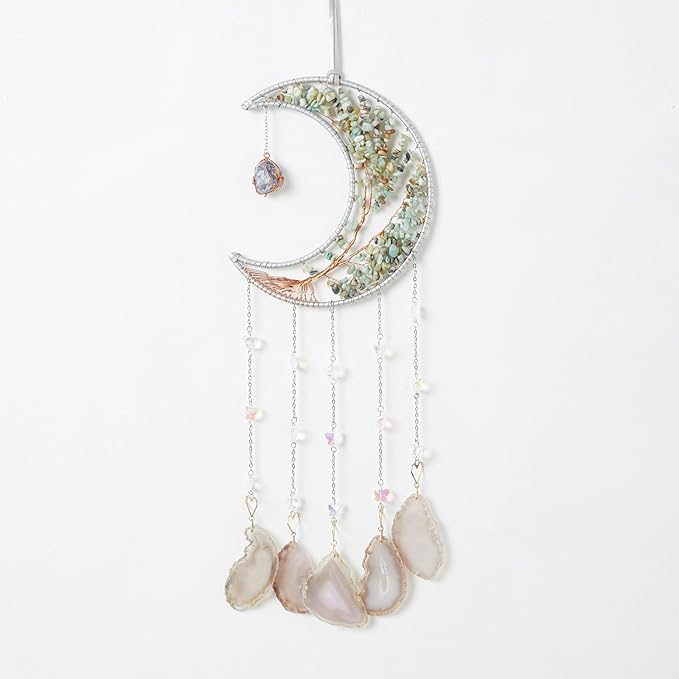 Agate Gemstone Big Dream Catcher 7 Chakra Tree of Life Dream Catcher with Crystal Stones Handmade Dreamcatcher Wall Decor for Adults Boys Girls,Bedroom,Garden,Bless Gift(Large Aqua Moon)