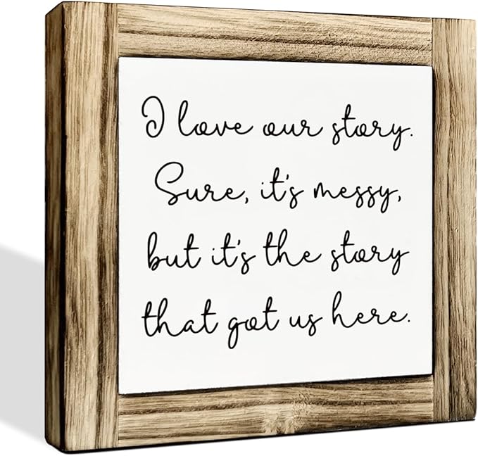 Warm Decor Signs, Rustic Desk Sign Decor, Love Decoration for Home, Blended Family Decoration, Gallery Decor Art, Decorative Wooden Box Signs, I Love Our Story Signs, 5.9×5.9 inches