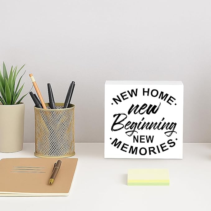 New Home New Beginning, Farmhouse Home Decor, Entryway Sign, Living Room Signs, Gift from Realtor, Housewarming Gift, Box Sign Decor Tabletop, Hallway Decoration, 5.1x5.1inches