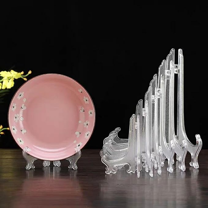 LonlyEagle 12 Pack 4 Inch Clear Plastic Easels or Stand/Plate Holders to Display Pictures or Other Items at Weddings, Plate Stands for Home Decoration, Birthdays, Tables