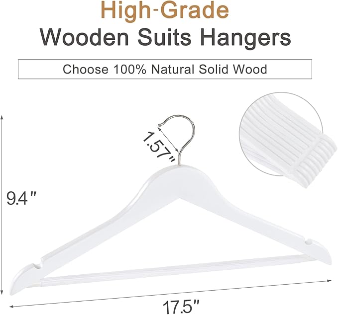 TOPIA HANGER Wooden Coat Hangers 20 Pack, White Wood Suit Hangers with Non Slip Pants Bar, 360° Swivel Hook and Shoulder Notches for Camisole, Jacket, Pants, Smooth Finish Clothes Hangers - CT34W20