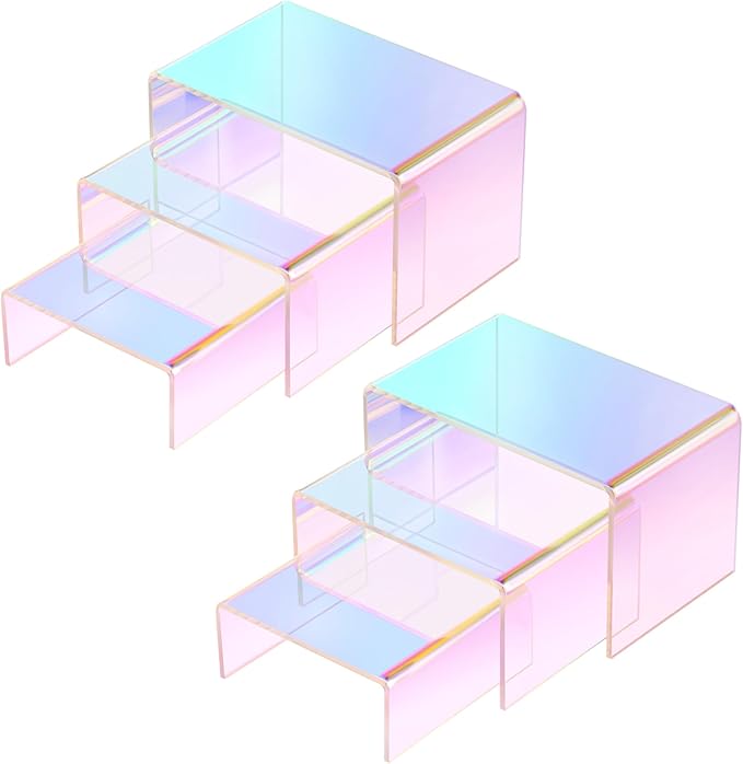 Chuangdi 2 Sets Acrylic Display Risers, Product Stand, Jewelry Display Riser Shelf Showcase Fixtures for Dessert Cupcake Candy Figure Treat Action Showcase(Rainbow Color,Small Set)
