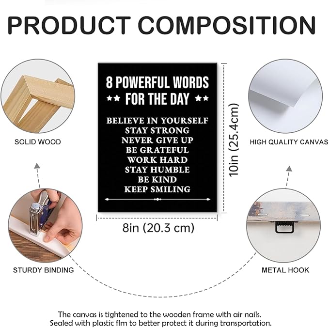 Inspirational Wall Decor, Motivational Canvas Painting Wall Art for Men Teen Boy, Black and White Positive Quotes Posters for Bedroom Living Room Classroom Gym Office (8 X 10 Inches, Framed)