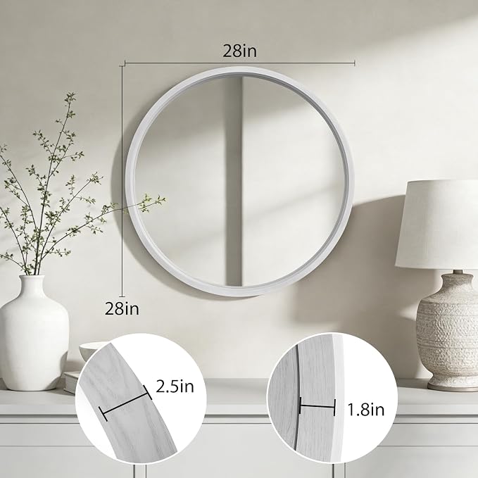 WallBeyond 28 Inch Round Wood Mirror, Large Circle Wooden Frame Wall Mirror for Bathroom, Living Room, Bedroom, Entryway (White)