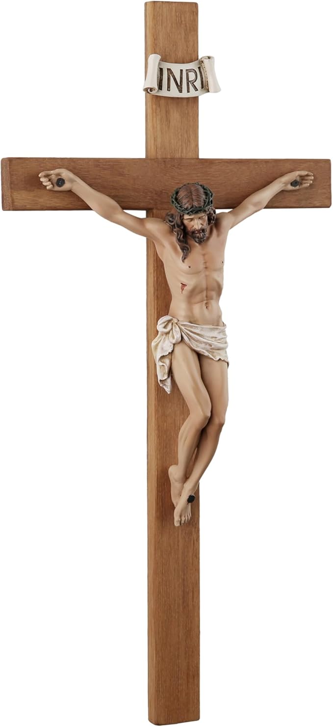 Crucifix Wall Cross - 14 Inch Olive Wood Wall Crucifix, Hand Painted Resin Jesus on Wooden Crucifix Catholic Home Decor Housewarming Religious Gifts