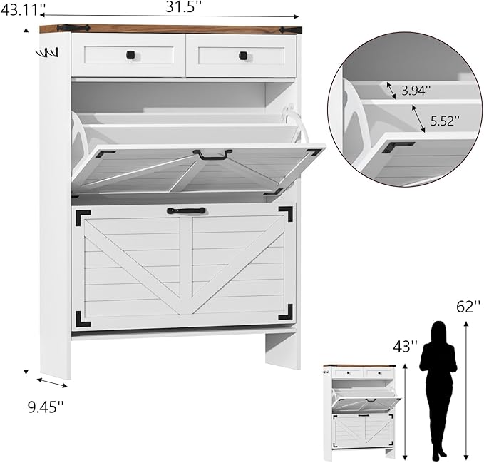 Shoe Cabinet with 2 Flip Drawers, Hidden Shoe Storage Cabinet with 2 Pull-Out Drawers, Farmhouse Shoe Organizer for Entryway, Narrow Shoe Rack for Front Door Entrance, White