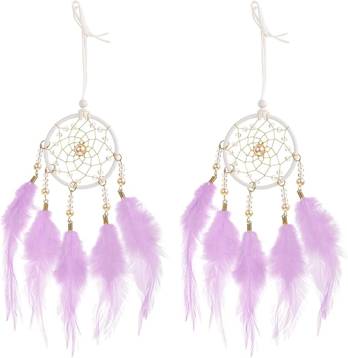 uxcell 2pcs Dream Catchers, Small Handmade Feather Dreamcatcher Supplies Car Charm with Crystal Beads Wall Hanging Decor for Home Car Decoration Ornament Women Friend Gift, Light Purple
