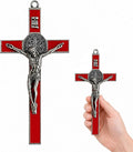 TALPGOD St Benedict Crucifix Silver Red 7.2 Inch,Crucifix Wall Cross for Catholic Decor,Jesus Christ Hanging Cross Wall Art Decor,Escapularios Catolicos,Saint Benedict Medal for Home Decoration