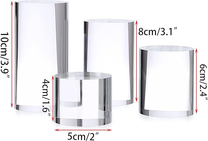 Hipiwe 4-Pack Acrylic Display Risers Figures Display Stand Holder Clear Cylinder Tabletop Jewelry Perfume Showcase Organizer for Geodes Rock Small Collectibles Display Blocks