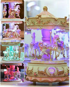 Carousel Music Box with 3 Rotating Horses, Color-Changing LED Lights, Wind-Up Clockwork 18-Note Melody, Small Resin Tabletop Decor, 5.9" Tall x 3.93" Dia (Purple)