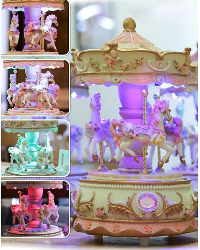 Carousel Music Box with 3 Rotating Horses, Color-Changing LED Lights, Wind-Up Clockwork 18-Note Melody, Small Resin Tabletop Decor, 5.9" Tall x 3.93" Dia (Purple)