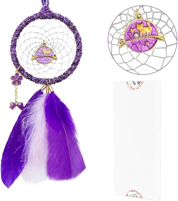 Mini Dream Catchers - Cute Kitten with Turkey Feather, Pastel Purple Flannel, Handmade Small Dreamcatcher for Bedroom, A Dream Catcher for Girls, Dream Catchers for Boys, Dream Catcher Wall Decor