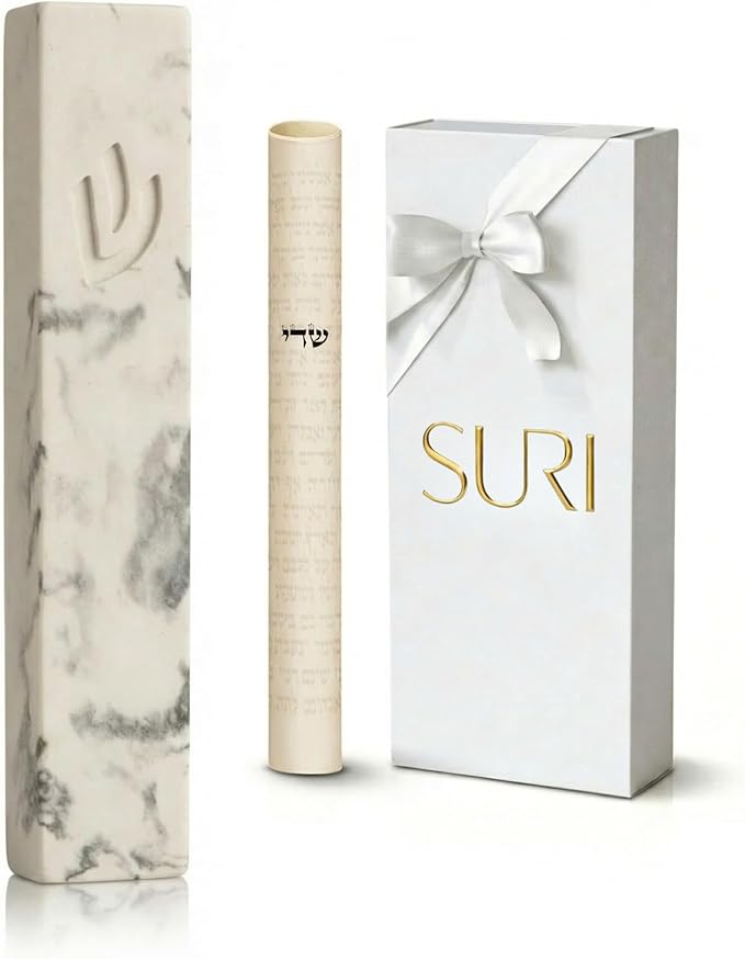 SURI Mezuzah for Door – 5 Inch Marble Off-White Concrete Mezuzah Case with Printed Scroll, Self-Stick Jewish Entry Design, Fits a 4 Inch Scroll, Gift Box Included