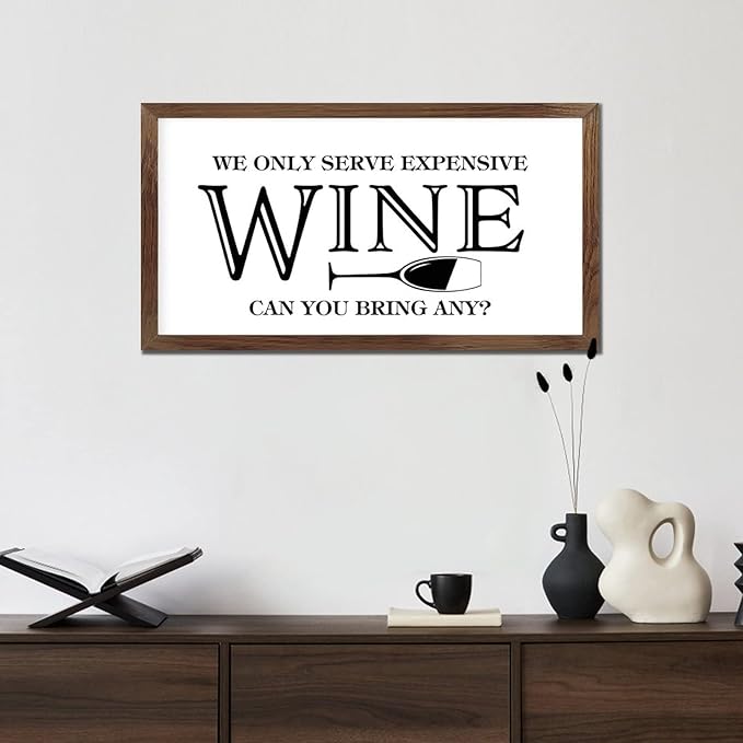 Family Lettering 12x22in Hanging Wall Sign with Life Positive Quote We Only Serve Expensive Wine Apricot Frame Wooden Plaque Birthday Housewarming Gift for Cottage Home Farmhouse Porch Wall Decor