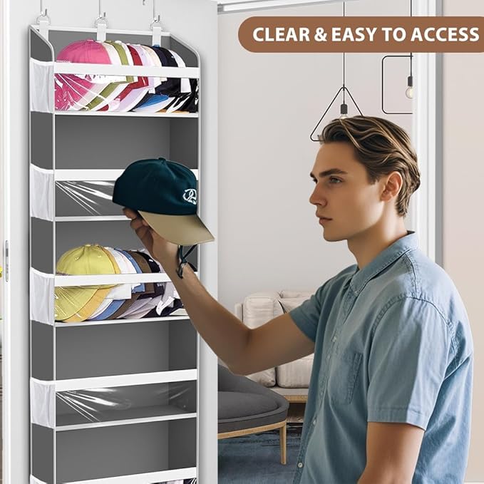 Over the Door Hat Organizer for Baseball Caps, Hold up to 60 Hats Rack Storage for Door/Closet/Wall, Clear Pockets Hanging Hat Holder for Baseball Caps with 10 Mesh Pockets, Grey