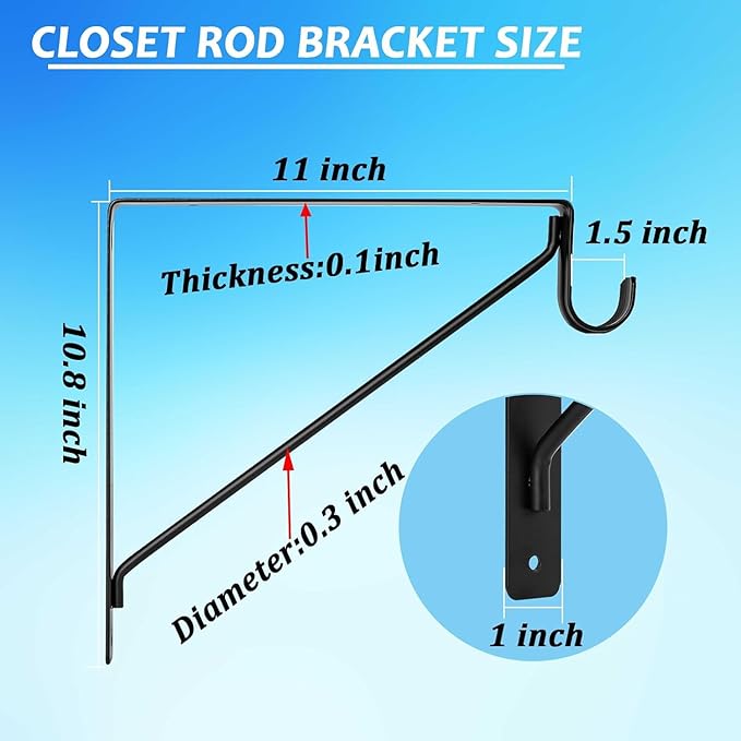 4 Pack Heavy Duty Closet Shelf and Rod Brackets 300lbs, 11 x 11 Inch Wall Mounted Closet Shelves Bracket with Rod Shelving Support, Black Closet Pole Holder Bracket with Screws