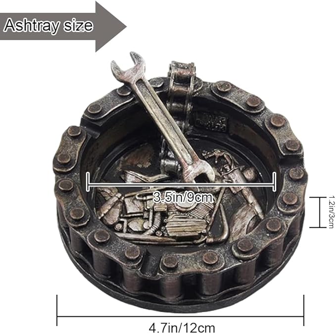 Unique Motorcycle Chain Ashtray with Wrench & Bike Motif-Perfect Fit for Biker Bars, Harley Mechanics Shops and Smoking Rooms Decor As Unique for Men or Smokers(Motorcycle Ashtray)