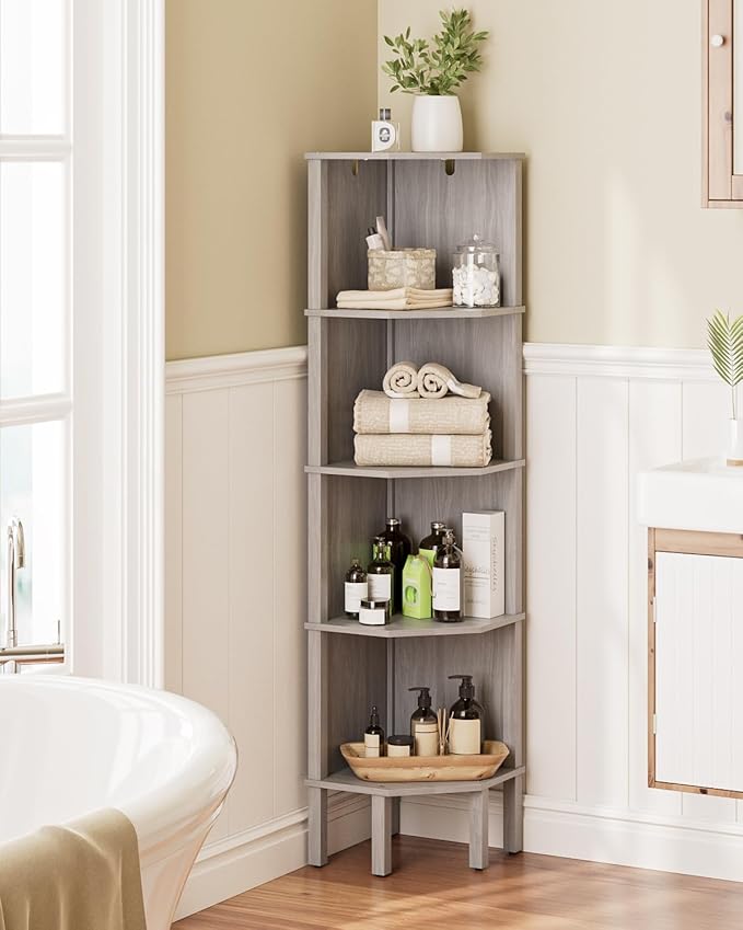 Corner Shelf, 5 Tier Corner Bookshelf, Display Corner Shelf Stand with Storage Rack, Wall Corner Bookshelf for Living Room, Bedroom, Office, Grey
