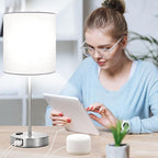 Lynnoland Set of 2 Touch White Table Lamps with 2 USB Ports & AC Outlet, 3-Way Dimmable Bedside Nightstand Lamps for Bedroom Living Room Nursery, 800 Lumens 5000K Daylight Bulbs Included