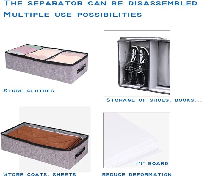 AARAINBOW Foldable Under Bed Clothes Organizer with Lid, Fabric Underbed Storage Container with Adjustable Dividers, Long UnderBed Storage Bins with Handles, Clear Shoes Storage Under Bed (2 Gray)