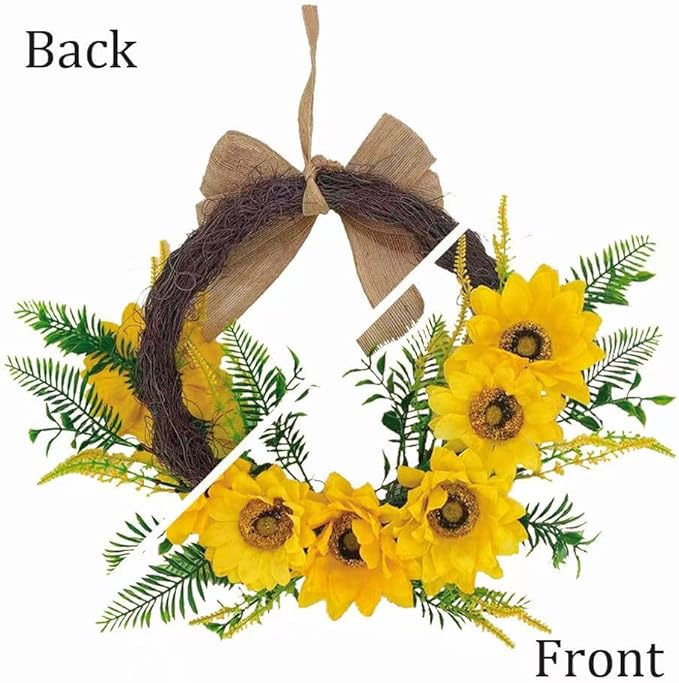 18 Inch Sunflower Wreath for Front Door, Artificial Spring Wreath with Bright Sunflowers and Bow for All Seasons Indoor Outdoor Wall Window Office Farmhouse Entryway Decor