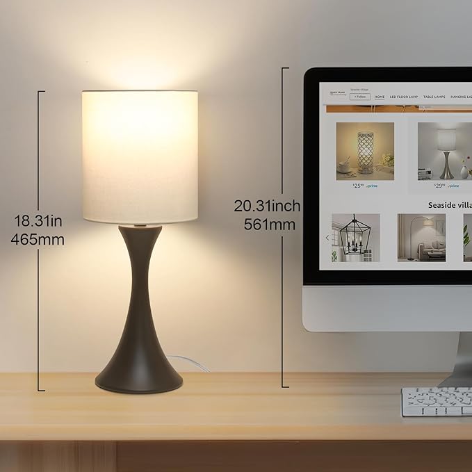 3 Way Touch Control Table Lamp, Modern Bedside Lamp Dimmable Nightstand Lamp with Beige Shade and Dark Brown Base, Small Desk Lamp for Living Room, Dorm, Home Office, 9W LED Bulb Included