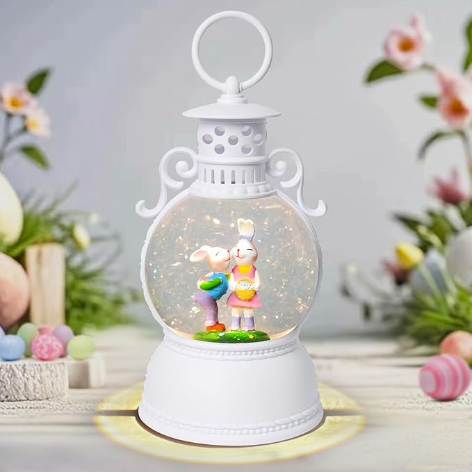 Easter Snow Globe Lantern, 9.4" Bunny Couple Lighted Snow Lantern with 6-Hour Timer, Battery or USB Powered, Spring Easter Decorations for Home, Easter Gift & Indoor Decor