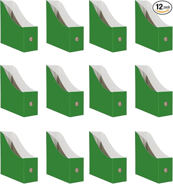 Limitliho 12 Pack Green Cardboard Magazine Holder , Sturdy Book Bins for Classroom, Vertical File Folder Organizer, 10.6'' 10.2'' 3.5'' Inch Magazine Rack